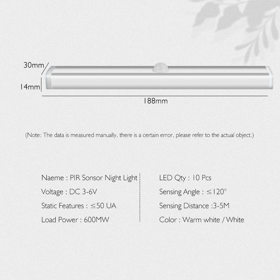 10LEDs Motion Sensor Cabinet Light Rechargeable Wardrobe Lamp Makeup Lights White Light For Bedroom Kitchen Washroom Lighting