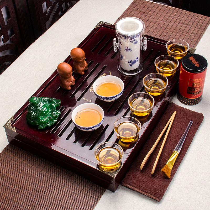 Juego de té chino de vidrio transparente resistente al calor, juego de té de madera maciza con paquete de bandeja de té Kung Fu