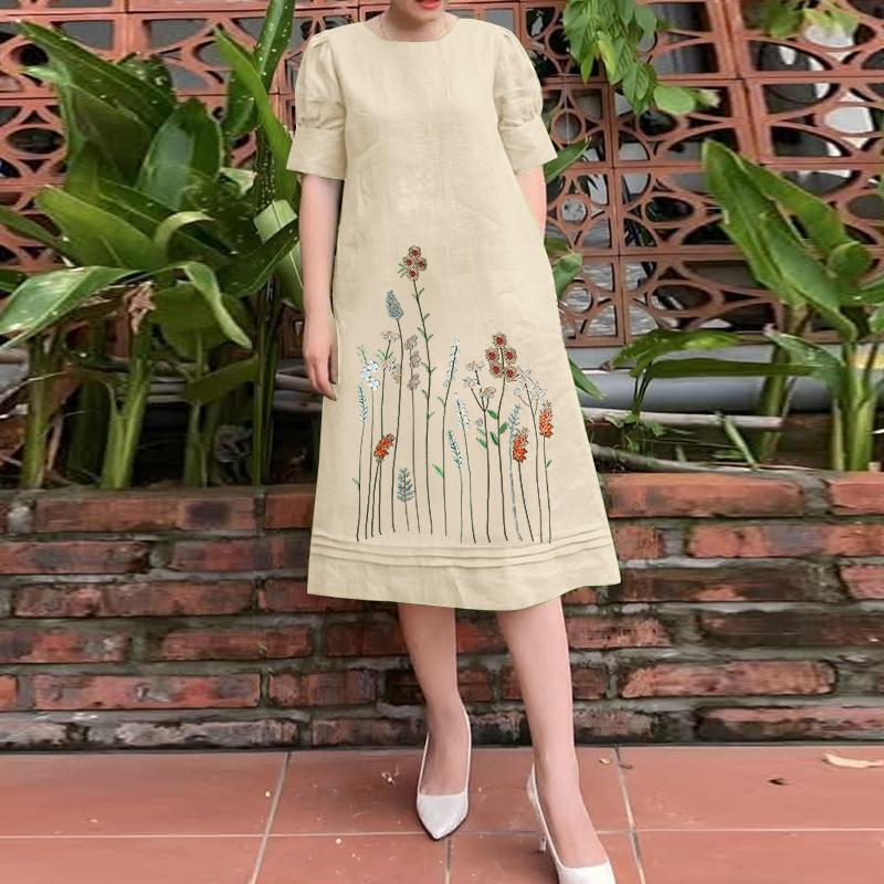 

ZANZEA Womens Embroidery Print Casual O-neck Short Sleeve Dress 4XL