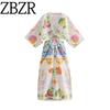 Zbzr Spring New Women Clothes Western Style Sexy Open Waist Split Print Linen Dress 08342306050