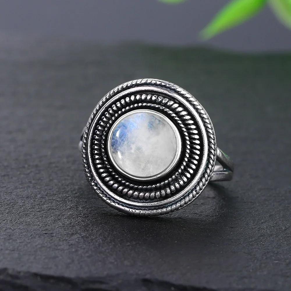 Vintage 925 Sterling Silver Natural Moonstone Rings Bohemia Oval Shape Retro Ring Gifts Fine Jewelry for Women Men
