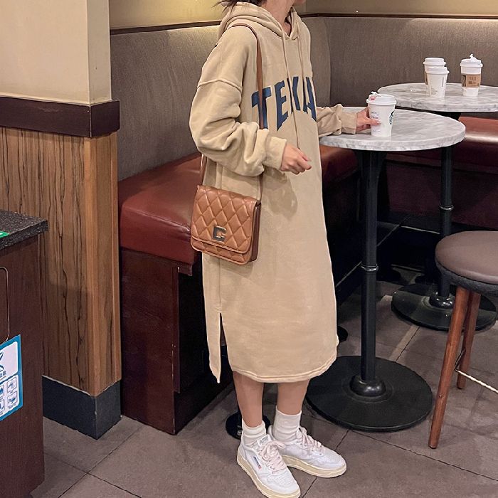 New Autumn and Winter Fat MM Lazy Style Loose and Slim Plus Velvet Thick Hooded Over-knee Long Sweatshirt Dress for Women