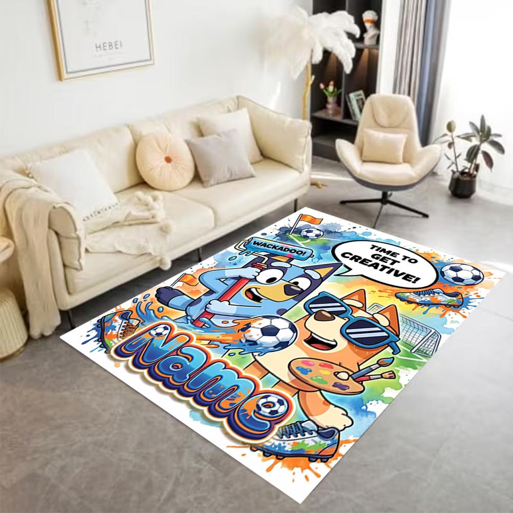 Bluey's Soccer Fun Customized Name Floor Rug Office Rug Suitable for Bedrooms Playrooms Kitchen Dormitory Anti-slip Rug Decorate Offices