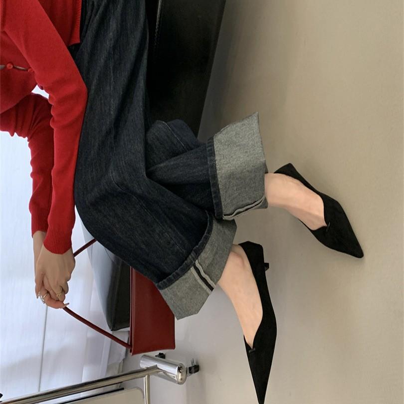 Pointed Head Shallow Mouth Cat Heel Single Shoes Female 2025 Spring and Autumn Style Temperament Suede French Gentle Evening Breeze Fairy High Heels