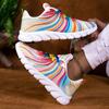 Women's Casual Sneakers - Low-Top Breathable Fabric Lace-Up Shoes with Rainbow Stripe Accents