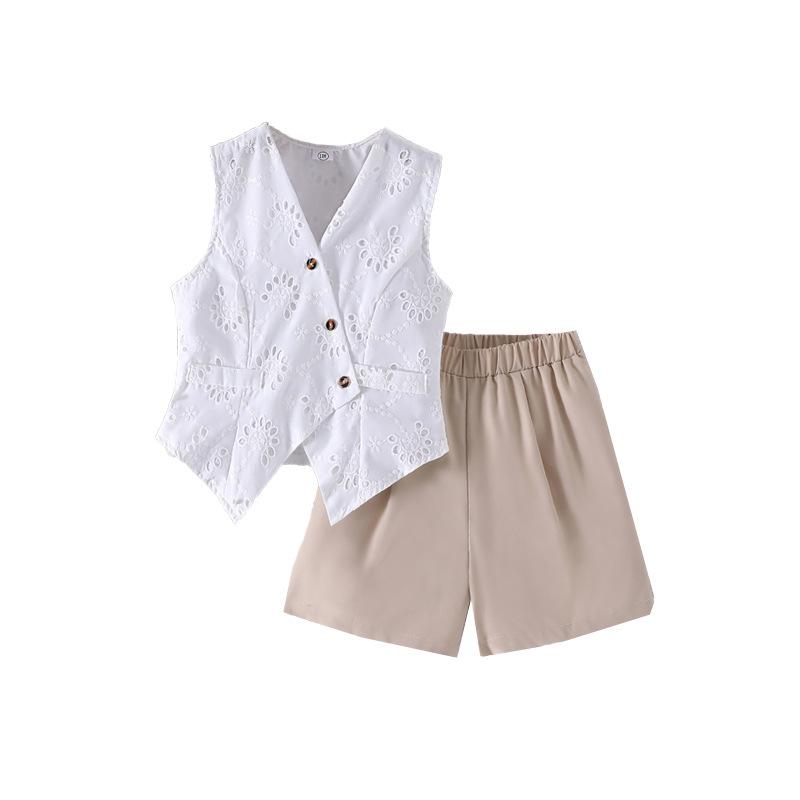 Girls' Casual Outfit - Summer Children's Elegant V-neck Short Pants Set