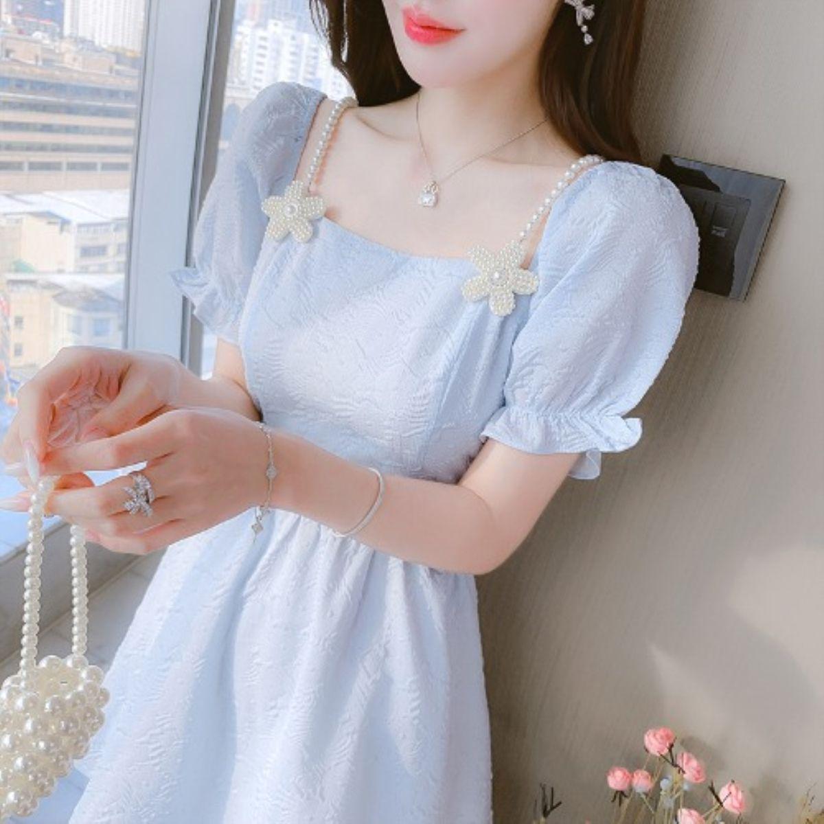 Women s Elegant French Style Puff Sleeve Slimming Short Dress - Summer 2025 S 95 cm