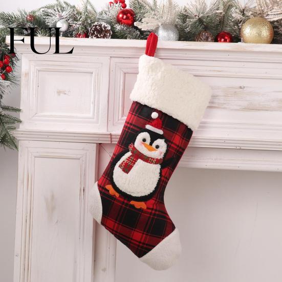 Candy Storage Bags for Christmas Red Black Plaid Stocking, 3D Cartoon Santa/Snowman/Elk/Penguin Patterns Design, Decorative Socks Winter Holidays