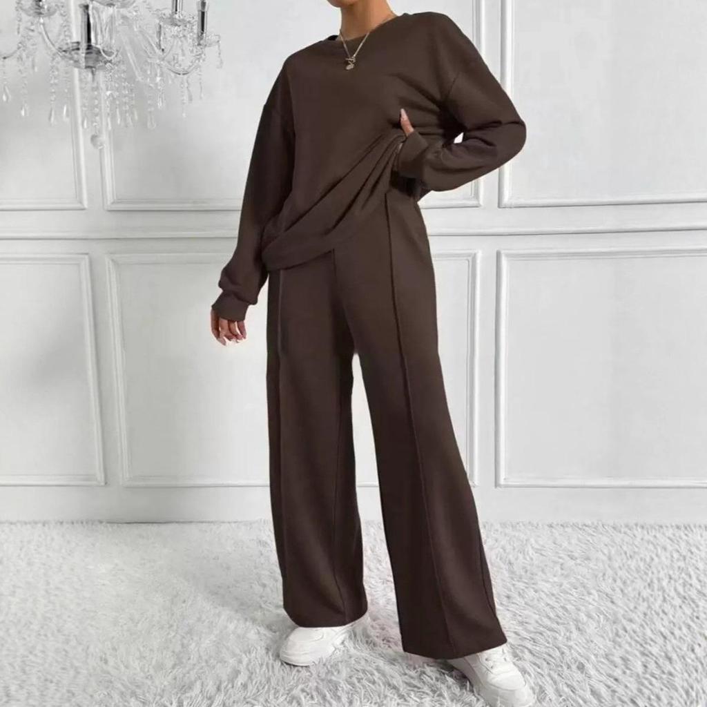 Damen Hellbraunes Relaxed Fit Rundhals Langarm Oberteil und Weitbein Hose Lounge Set