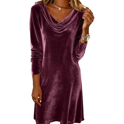 Damen Samt Wasserfallausschnitt Mini Kleid Langarm Party Cocktailkleid Retro Velours Hochzeitsgastkleid