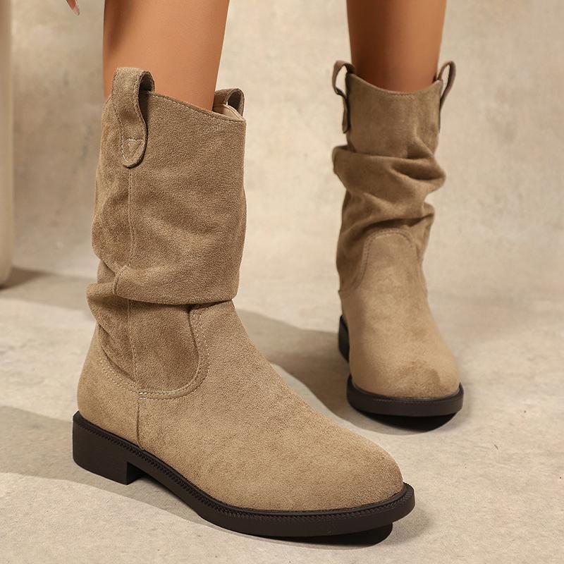 Autumn Winter Low Heel Mid Calf Boots Women  Plus Size Slip On Western Boots Woman Vintage Pleated Design Flock Botas Mujer