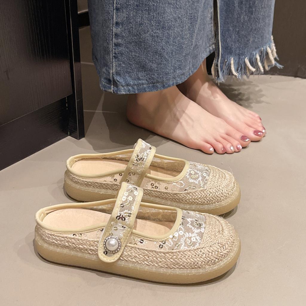 CRLAYDK Lace Women's Slip On Mules Closed Toe Slippers Ladies Backless House Slides Walking Hollow Out Loafers Casual Shoes