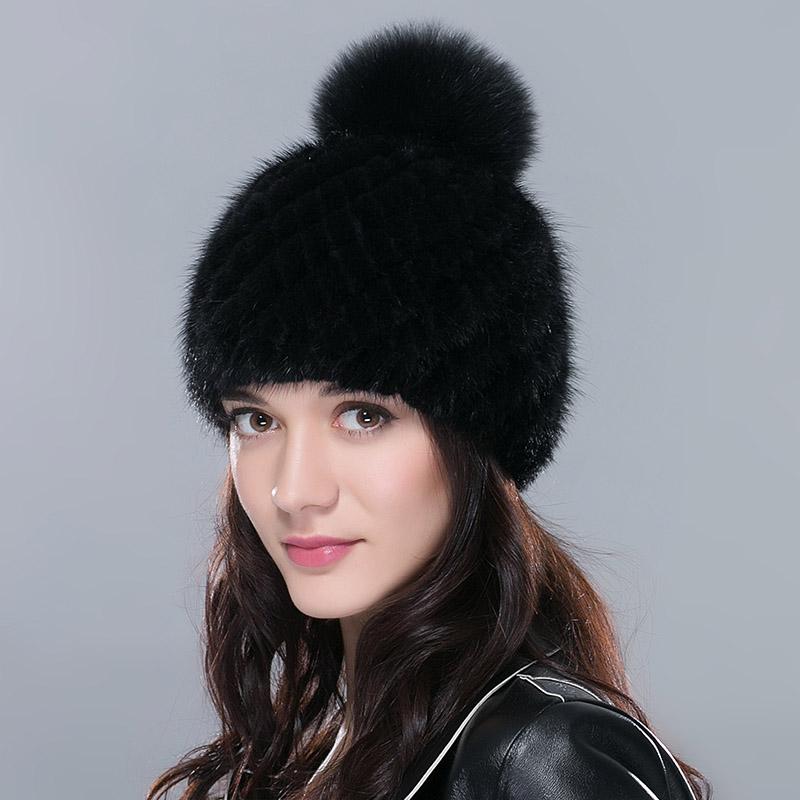 Women Winter Real Mink Fur Beanie Hat With Sliver Fox Pompom Warm Woven Knit Lined Caps Female Fashion Winter Hat
