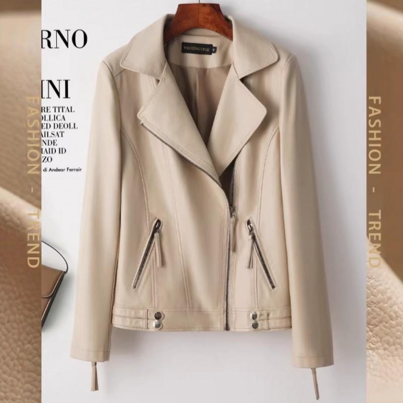 Womens Slim Fit Short Sheepskin Leather Jacket With Notched Collar Motorcycle Style Fall 2026