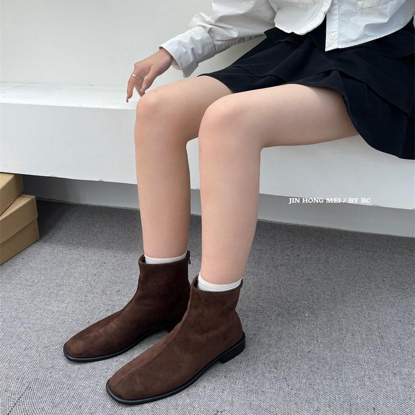 Retro suede thin boots women's 2025 autumn new versatile thick-soled elastic boots new rear zipper thick-soled short boots