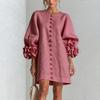 Autumn 3D Floral Long Sleeve Short Dress with Decorative Buttons