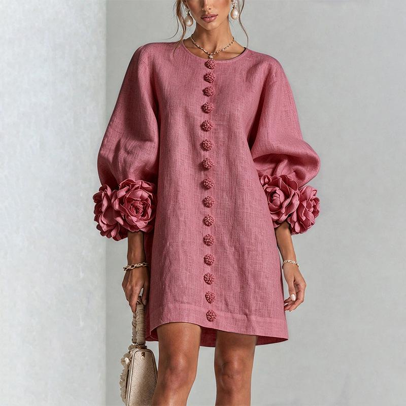Autumn 3D Floral Long Sleeve Short Dress with Decorative Buttons