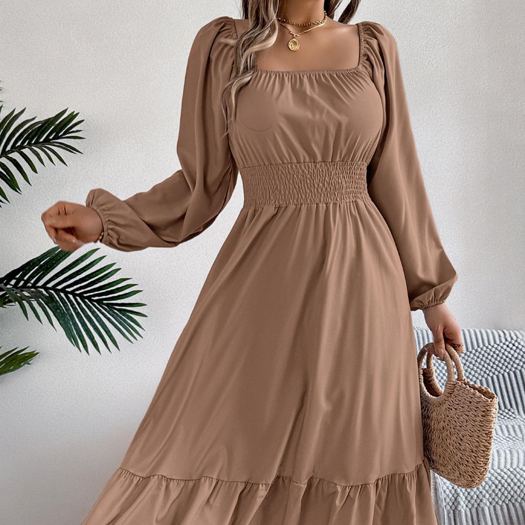 Autumn and Winter Casual Elegant Solid Color Round Neck Long Sleeved Waist Cinched Lotus Leaf Edge Dress Women Clothing