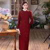 Womens Winter Warm Thickened Chenille Chinese-Inspired Long Sleeve Cheongsam Dress With Stand Collar