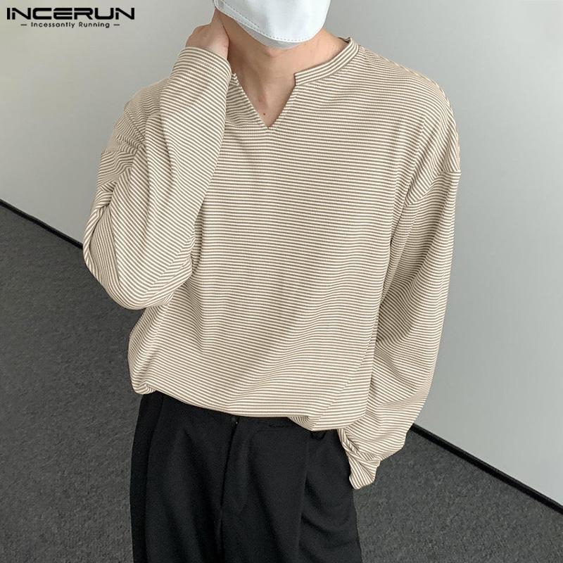 INCERUN Men Stand Neck Long Sleeve Texture Striped Casual Pullover Tops