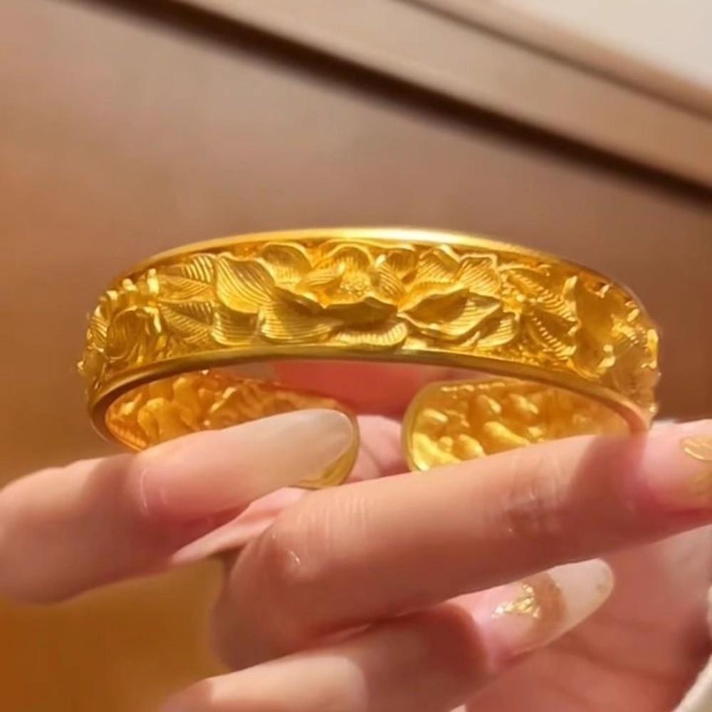 Wide Chinese Style Bangle Opening Wrist Jewelry Classical Golden Bracelets Groom