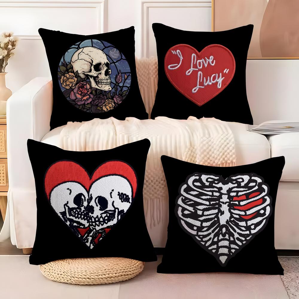Cool Skull Heart Cushion Cover Natural Linen Organic Fabric DoubleSided Printing Sofa Home Decor Breathable Bed Pillow