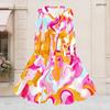 Women Plus Size V Neck Long Sleeve Printed Dress Blue Black White Tie Waist A Line Flared Midi