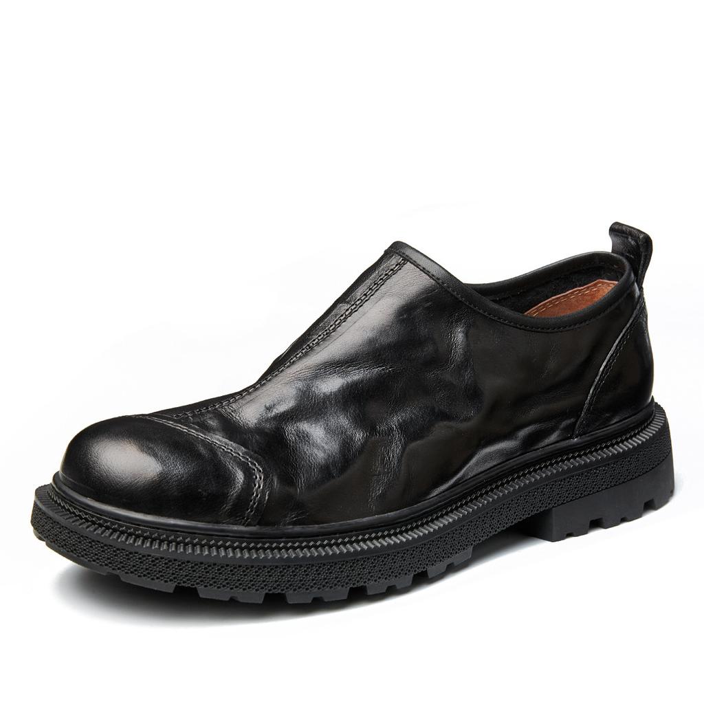 Men'S Business Casual Leather Round Head Small Leather Shoes Personalized Splicing Platform Zipper Green Cow Leather Shoes