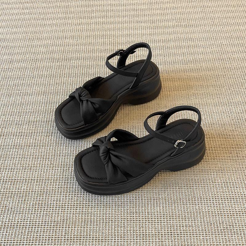Spot~~ Platform sandals women's summer new bow thick heel with open toes Roman shoes fairy style
