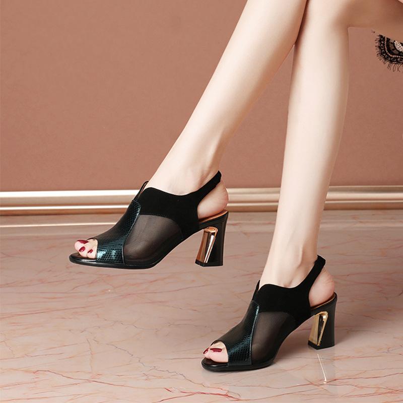 2026 Summer New Lacquer Breathable Women s Coarse Heel Hollow Mesh High Heel Women s Shoes Women s Fish Mouth Shoes 35 чёрный