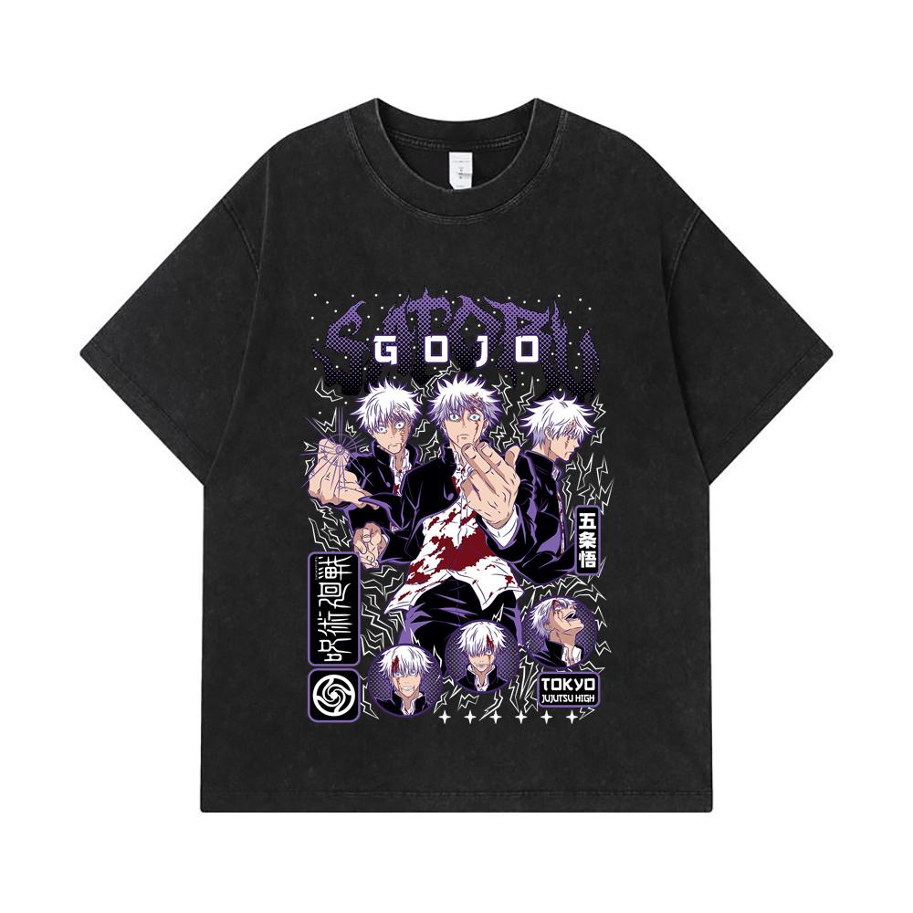 275 GSM Washed T-shirts 100% Cotton Jujutsu Kaisen V24 Gojo Print Unisex Heavy Cotton T Shirt