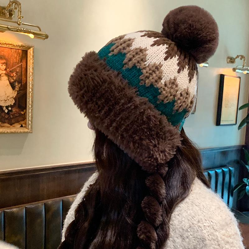 Jacquard Fur Ball Plus Velvet Knitted Hat for Women Winter Cold Protection and Ear Protection Woolen Hat Cycling Lei Feng Hat