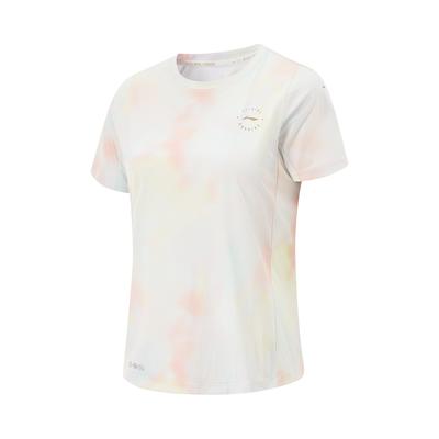 Li Ning Bequemes Lässiges Einfaches Rundhals-Pullover Kurzarm-T-Shirt Damen Tops Blassgänsegelb Kamillen-Gelb Vollflächiger Rosa-Druck ATSV530-1