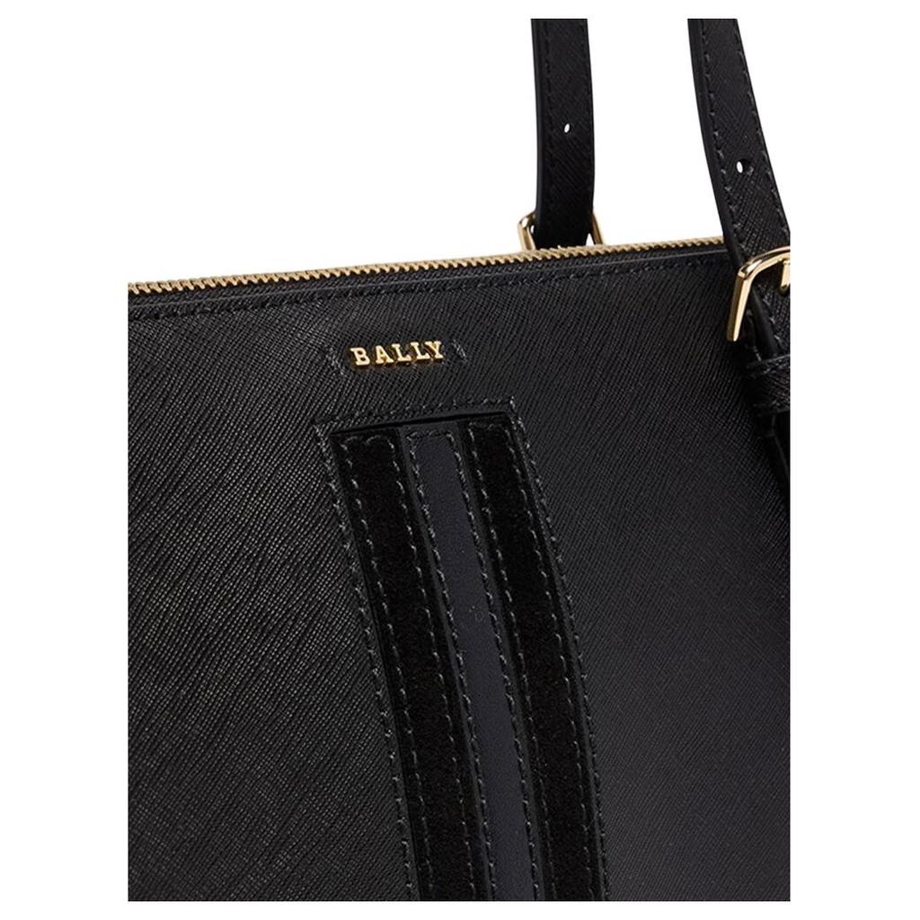 Bally Zipper Closure Striped Decorative Design Embossed Cowhide Tote Handbag Large Women tote Black Light-Gold 6306270