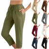 Women's Linen Blend Capri Pants Drawstring Elastic Waist Casual Cropped Trousers with Button Hem