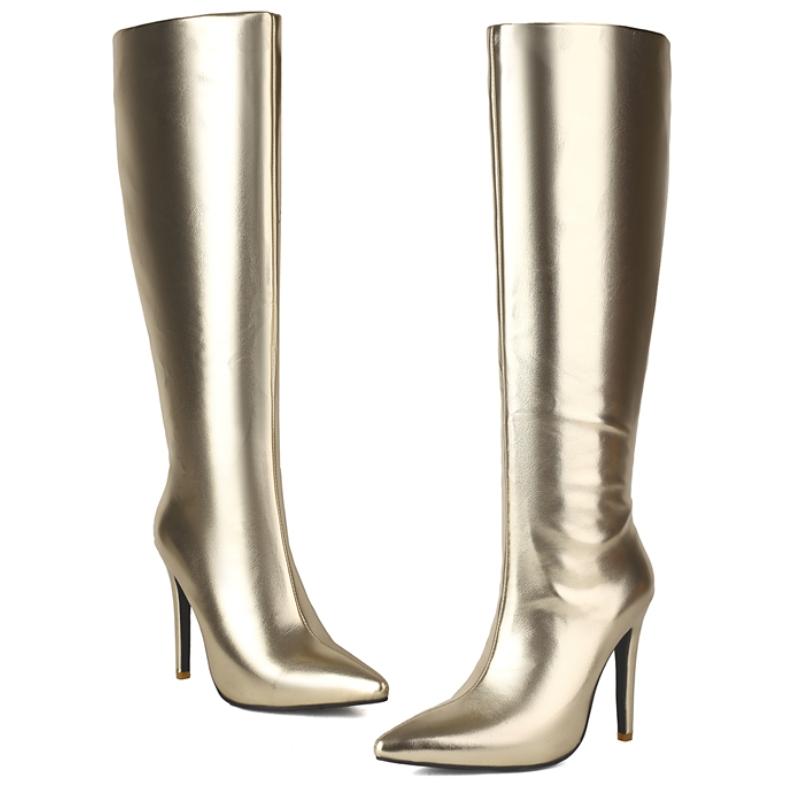 Luxury Women's Knee High Boots Trends Heels Winter Shoes Ladies Gold and Silver Long Tall Dance Party Boot Footwear Point Toe