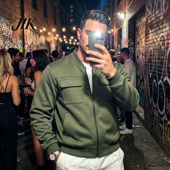 Everyday Basic Sportswear Men Casual Baseball Coat, Lightweight Multi-Pocket Windbreaker, Solid Color Outerwear Outdoor Windbreaker with Stand Collar,