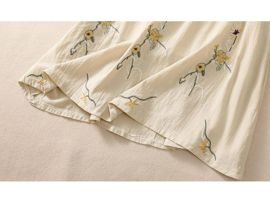 Embroidered Cotton Linen A-line Skirt - High Waist, Wide Hem, Casual Fit