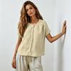 Womens Button Down Short Sleeve Blouse Loose Fit Casual Linen Shirt Crew Neck Lightweight Summer Top