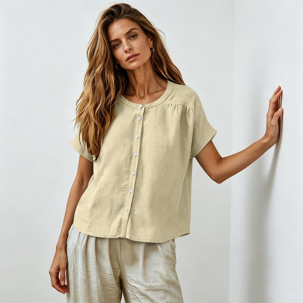 Womens Button Down Short Sleeve Blouse Loose Fit Casual Linen Shirt Crew Neck Lightweight Summer Top