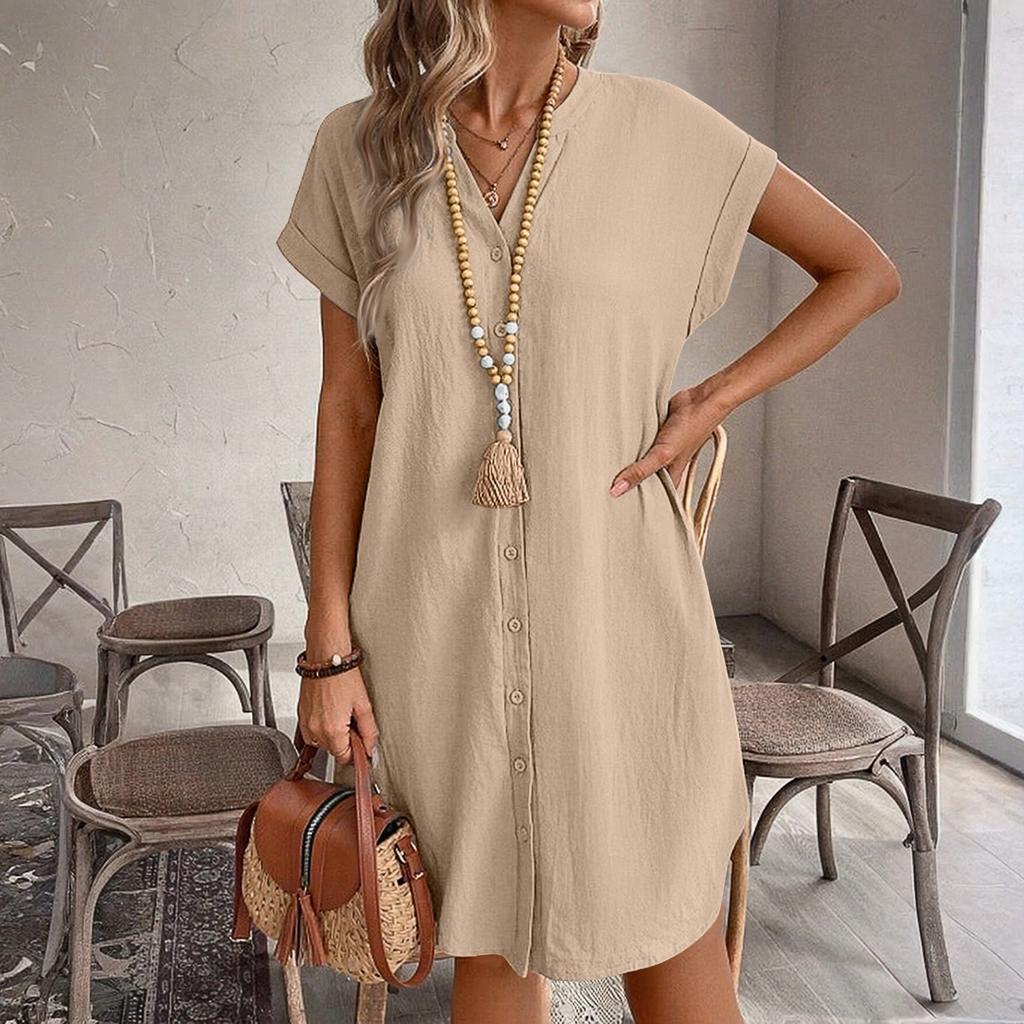 Damen lockeres und bequemes Sommer-Farb-Baumwoll-Leinen V-Ausschnitt Knopfleiste Kleid