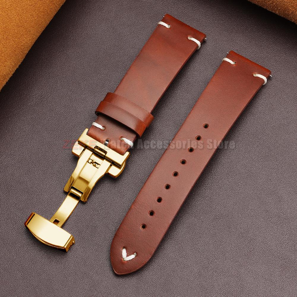 Vintage Oil Wax Leather Watch Band 18mm20mm 22mm Bracelet for Seiko Butterfly Buckle Stitching Cowhide Strap for Omega Watchband