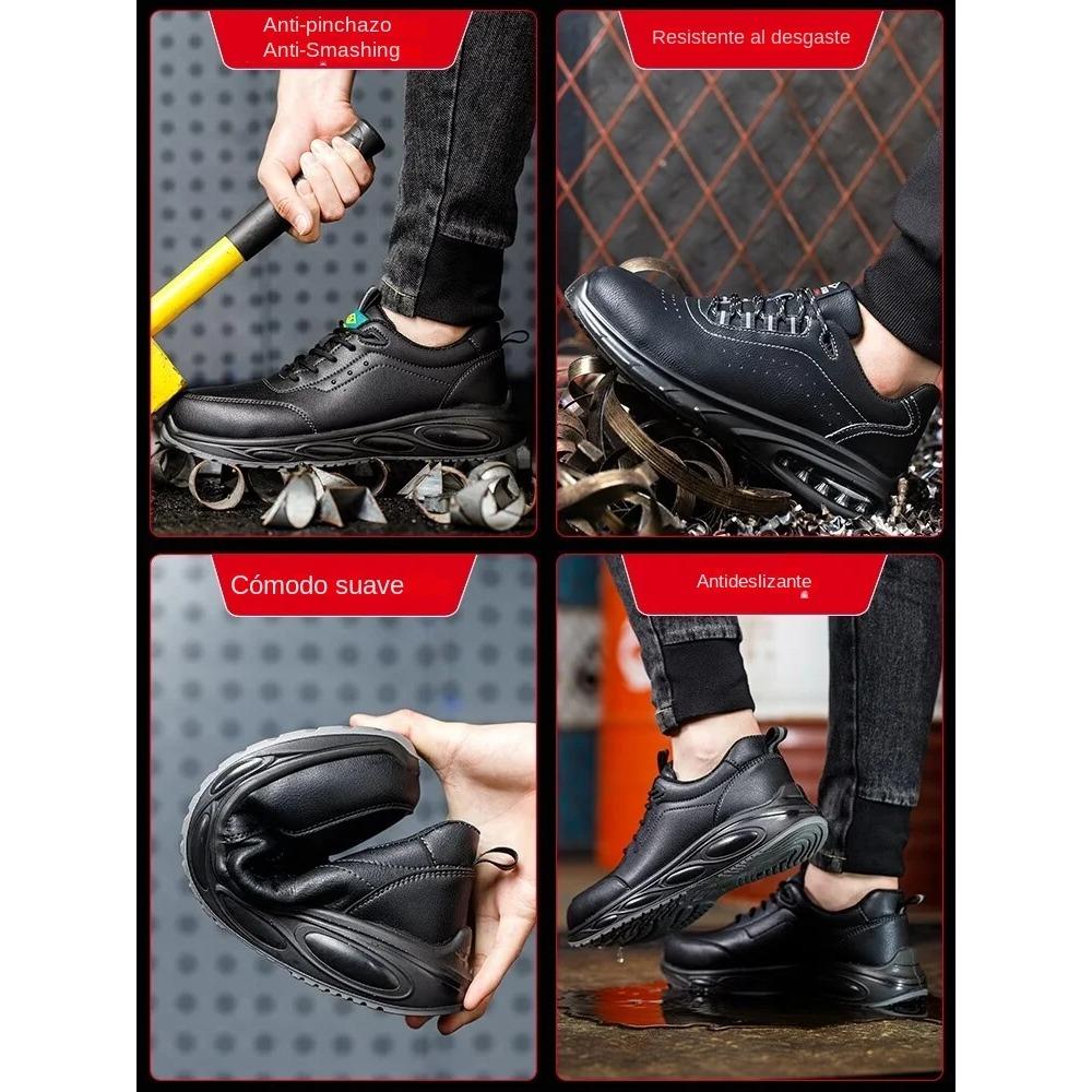 Sikkerhetsarbeidssko i svart skinn for menn, knusesikre, punkteringssikre, beskyttende joggesko, uknuselige, oljebestandige herresko