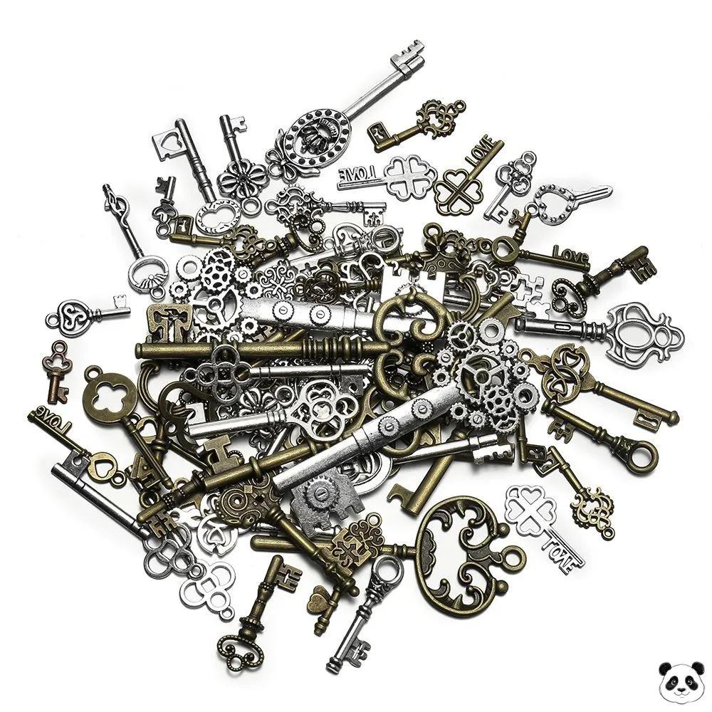 Mixed Alloy Key Pendants Vintage Style Steampunk Gear Skeleton Key Charms for Jewelry Making Craft Supplies