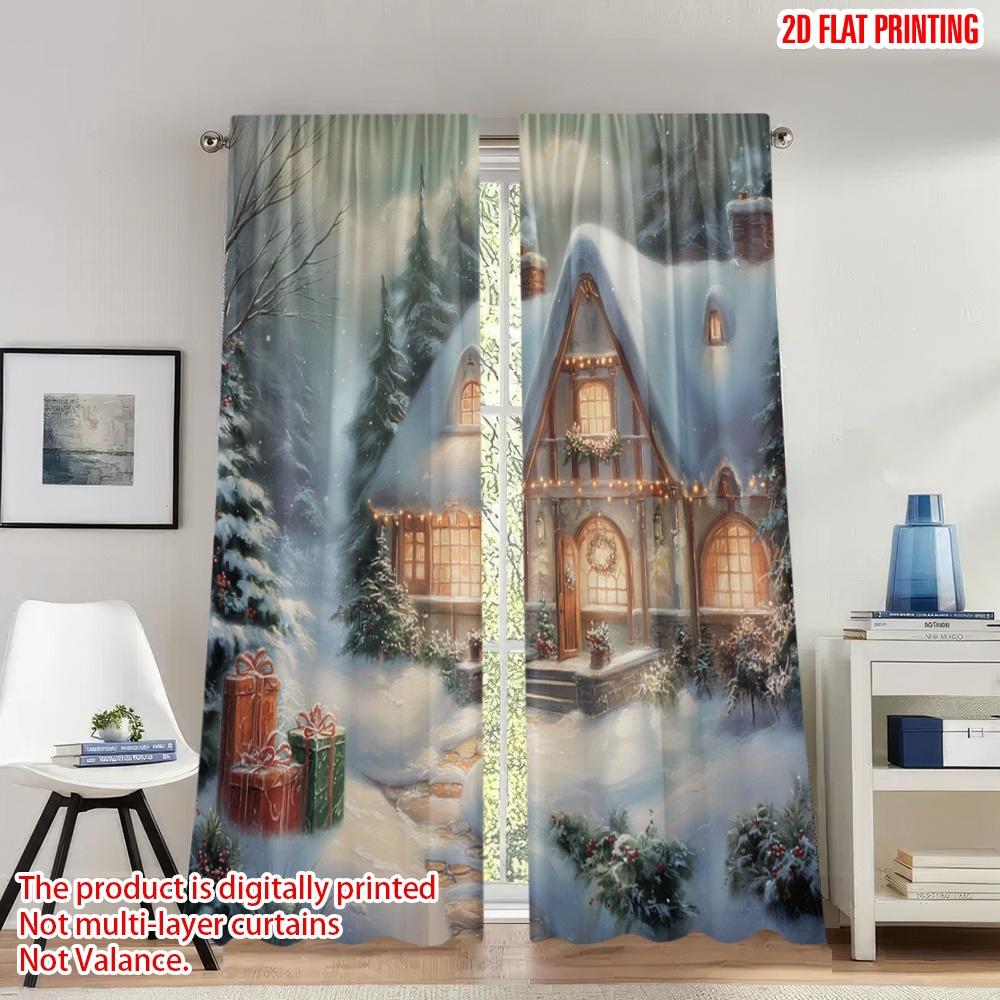 

Set Of 2 Flat Printing Fashionable Christmas Curtains Cozy Winter Cabin Digital Printed Polyester Drapes Festive Curtain W100*H70(CM)-Rod Pocket&1PCS