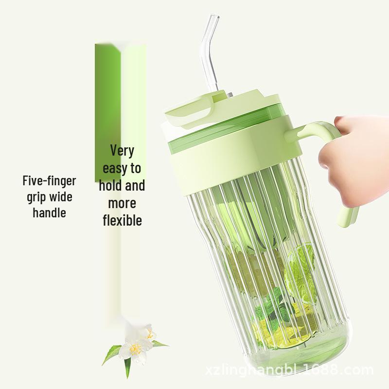 Portable Double Drink Cup with Lid - Large Capacity Glass for Tea & Water Separation, Cold Brew, Thickened Glass, Handle & Straw Included