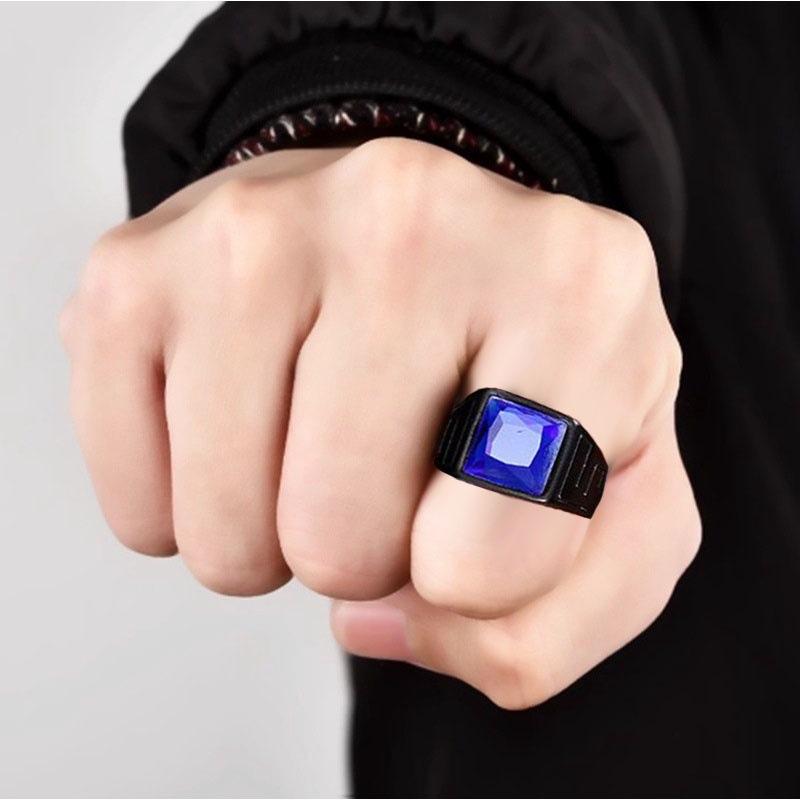 Square Sapphire Domineering Totem Men's Fashion Hand Accessories Street Hip-Hop Punk Ring