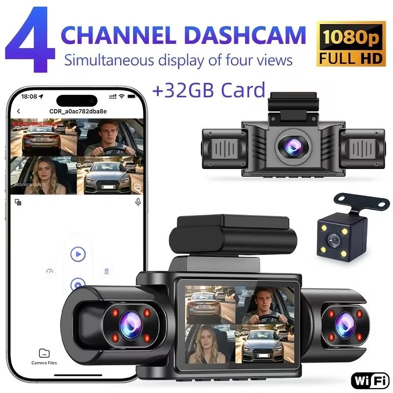4 Channel WiFi 360° Panoramic Dash Cam, 1080P IR Night Vision 170° Wide Angle, G-Sensor 24H Parking Monitor