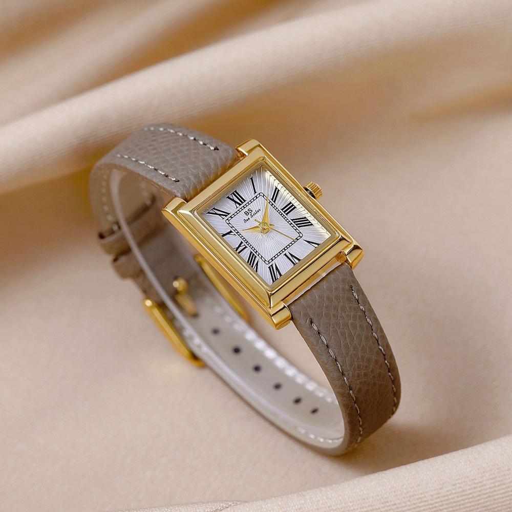 Retro Square Roman Numeral Leather Watch for Women Ultra Thin Minimal Ladies Quartz Dress Wristwatch