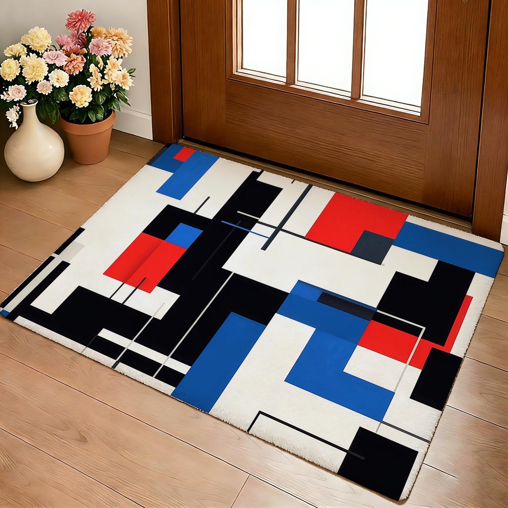 Tappetino Geometrico Astratto Stampa Mondrian Morbido Spesso Antiscivolo in Flanella Calda per Soggiorno Camera da Letto Cucina Tappeti Decorativi